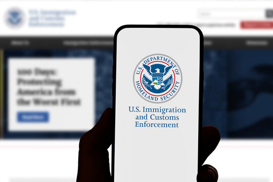 Guilherand-Granges, France - June 12, 2025. U.S. Immigration and Customs Enforcement (ICE) is a federal agency under DHS, enforcing immigration laws and combating transnational crime.