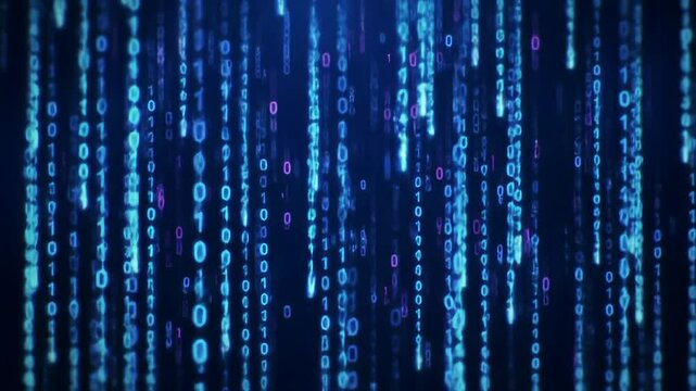 Abstract binary code stream background with glowing numbers