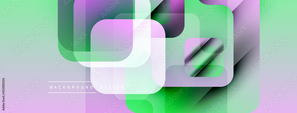 Poster abstract geometric shapes overlap creating vibrant, modern background. soft gradients blend purple, 