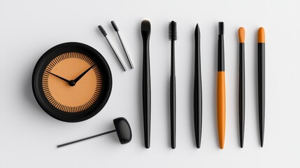 Black and Beige Makeup Brushes and Clock on White Background