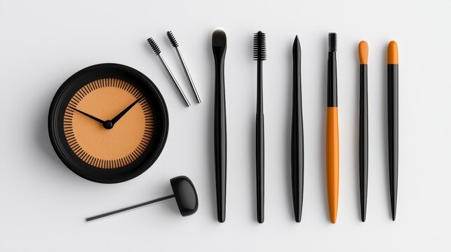 Black and Beige Makeup Brushes and Clock on White Background