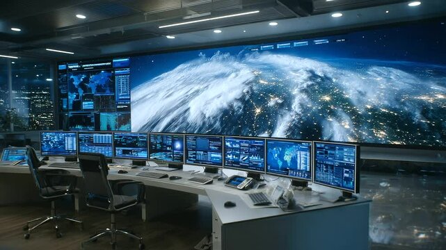 Bird&rsquo;s-eye view of meteorological headquarters glowing in blue light, hurricane data streams on massive central dashboard, storm alert siren visible on screen