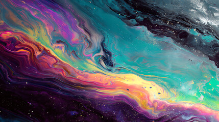 Vibrant Abstract Cosmic Swirl of Colors with Fluid Patterns and Starry Background