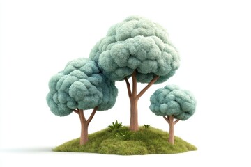 Three stylized trees on grassy hill isolated on white background