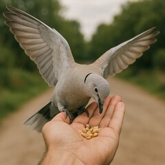 POV Eurasian collared dove taking food from my hand AI generated