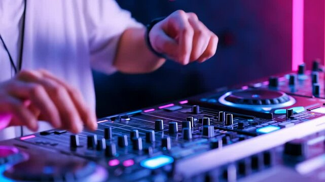 Closeup of dj hands manipulating knobs and faders on a mixing console in a vibrant neon nightclub setting
