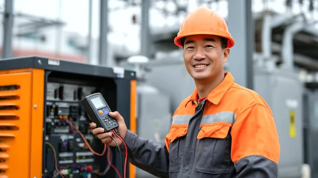 An orange generator stands out against a grey industrial background, vibrating gently as an engineer in orange uniform uses a multimeter to test output from its power terminals