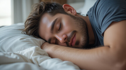 Fototapeta premium Man peacefully sleeping on pillow