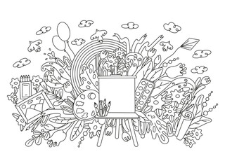 oloring page, only black lines without fill. Flower banner design. Sketch, illustration depicting flowers, leaves, rainbow, easel, art brushes, paints, pencils.