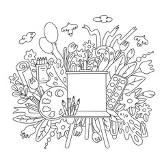 Coloring book, only black lines without filling. Sketch, illustration depicting flowers, leaves, easel, art brushes, paints, pencils.