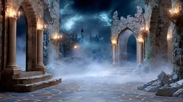 Enchanted Ruins with Mist and Moonlight in a Fantasy Landscape