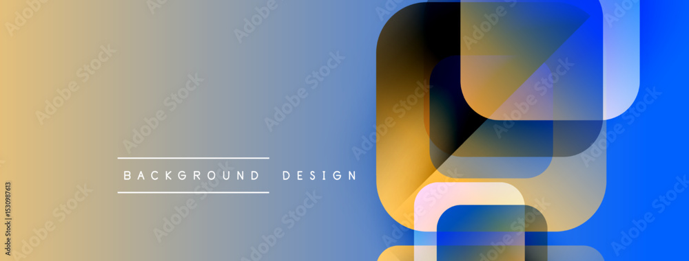 Poster Abstract geometric shapes overlap, creating vibrant blue, orange gradients. Minimalist design with text background design visible. Modern aesthetic.