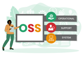 OSS - Operational support system acronym. business concept background. vector illustration concept with keywords and icons. lettering illustration with icons for web banner, flyer, landing page