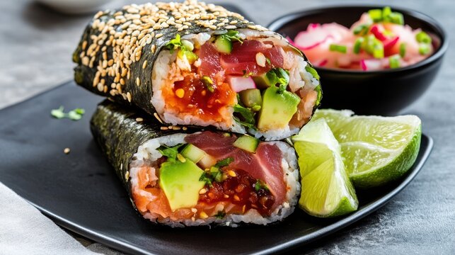 Fusion-style sushi burrito sliced to show tuna, salmon, avocado, and vegetables in tortilla with salsa and sesame seeds, served on black plate with lime, moody gourmet street food