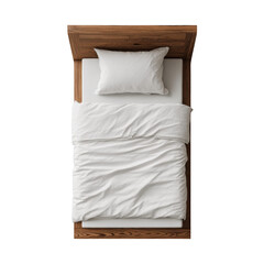 Aerial view of a single bed with white linens and a wooden frame against a black background space