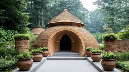 Earthen Dome Structure with Intricate Carvings and Landscaped Entrance