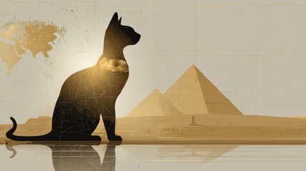 Silhouette of a sacred cat symbolizing Egypt with elements of the national flag in a golden desert landscape