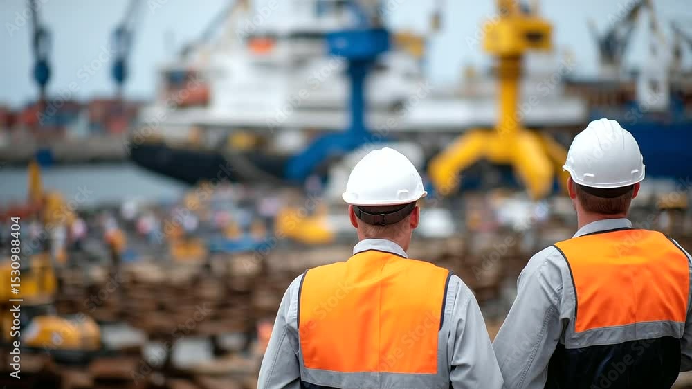 Poster view from behind workers as they look at enormous dry dock filled with steel framework of ship, heav