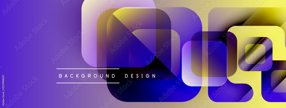 Poster abstract geometric shapes overlap, creating vibrant purple, yellow gradients. modern design element 