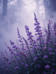 Purple and pink flowers bloom mysteriously in the ethereal fog