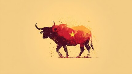 Water buffalo represents Vietnam with flag colors symbolizing culture and heritage in a vibrant silhouette