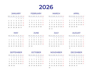 Calendar 2026 year. Week starts on Monday. Calendar template for 2026 in classic strict style. Wall, table calendar. Restrained business design for notebook and planner. Vector illustration isolated