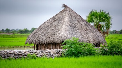 Thatched Hut in a Lush Green Rice Paddy Field