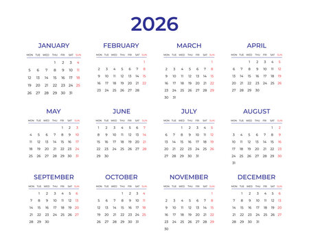 Calendar 2026 year. Week starts on Monday. Calendar template for 2026 in classic strict style. Wall, table calendar. Restrained business design for notebook and planner. Vector illustration isolated