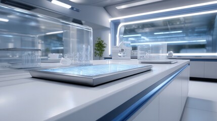 Obraz premium Futuristic Laboratory: A modern laboratory showcasing the sleek design, with advanced equipment and bright interiors. A futuristic glimpse into scientific possibilities, clean, efficient.