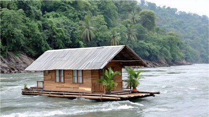 Wooden House on Bamboo Raft Floating on a Tropical River