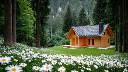 Wooden Cabin nestled in a Daisy Meadow amidst a Lush Green Forest