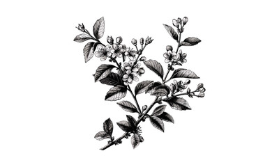 Engraving Flowering Branch of Cerasus Ilicifolia Vintage Illustration, botanical vector illustration, nature art, floral engraving, vintage botanical print, tree branch drawing, rustic floral design