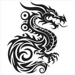 Tribal Dragon Silhouette Vector,Illustration of a round dragon on a white background,A black dragon vector illustration shows a tribal animal silhouette, perfect as a tattoo design or fantasy art elem