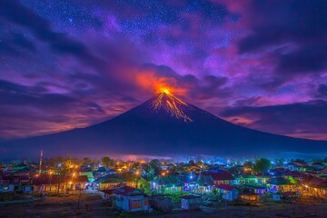Fototapeta na wymiar A village is devastated by a volcanic eruption, with flames of lava pouring down, exemplifying the destructive effects of climate change and natural disasters