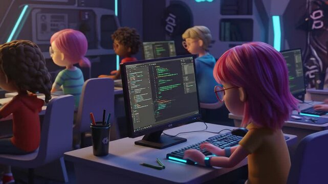 Animated cartoon characters learning and programming on computers in a modern computer room - Powered by Adobe