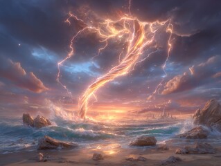 Fototapeta na wymiar The formation of a powerful storm over a turbulent ocean, with its lightning and dark clouds, is dramatically captured in an image that embodies the concept of natural disasters and weather extremes