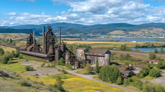 Overhead shot of dilapidated steel factory buildings, corroded structures and unused equipment fading into a backdrop of rolling fields and encroaching wilderness