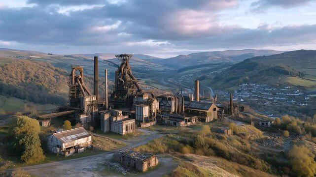 Overhead shot of dilapidated steel factory buildings, corroded structures and unused equipment fading into a backdrop of rolling fields and encroaching wilderness