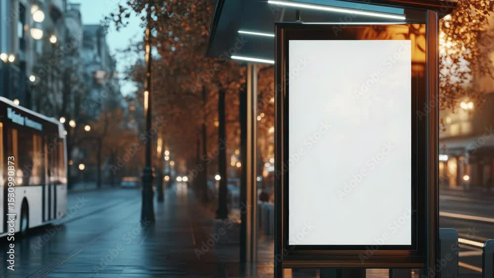 Poster city night scene featuring a digital billboard at a public transit stop with modern urban design ele