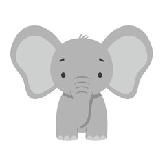 Naklejka premium Adorable cartoon elephant face, gray with big ears, on white backdrop