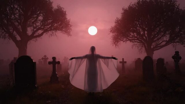 月明かりの墓地、恐怖のハロウィンナイト、不気味な影と幽霊