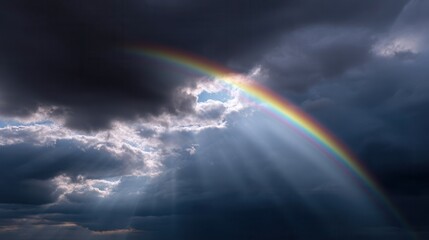 Fototapeta premium Rainbow Amidst Storm: A vibrant rainbow arcs gracefully across a dramatic sky, its colors vividly contrasted against dark, swirling storm clouds.
