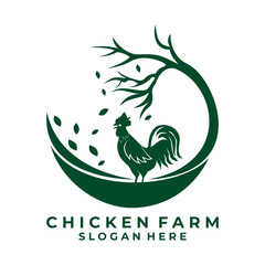 Obraz premium Rooster with Tree logo design vector template. Chicken logo design concept