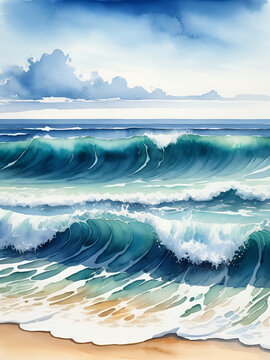 Ocean or sea wave and spindrift on the shore, watercolor hand drawn illustration. Sundrift. Illustration