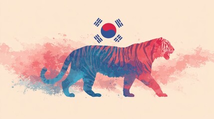 Korea Tiger silhouette highlights national pride with soft red and blue tones reflecting the countrys flag