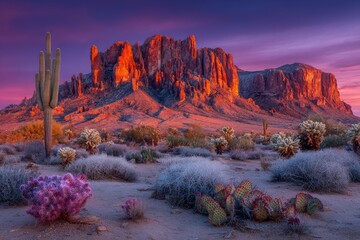 The sunset brings a warm light to a mountain and cactus situated in the Arizona desert