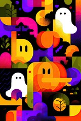 Abstract Halloween design, modern shapes with pumpkins and ghosts, vibrant color blocks