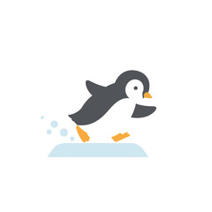 Obraz premium Cartoon penguin illustration running at speed with small blue circle dust clouds against a white backdrop