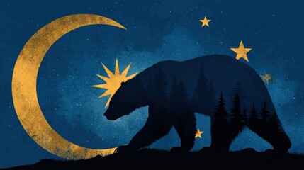 Silhouette of a bear against a dark blue background featuring stars and crescent symbolizing national identity