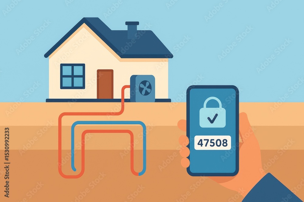Poster smart home technology illustration with air conditioning unit and mobile device security access